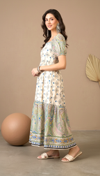 Ivory Printed A-Line Midi Dress with Paisley Border & Puff Sleeves for Women