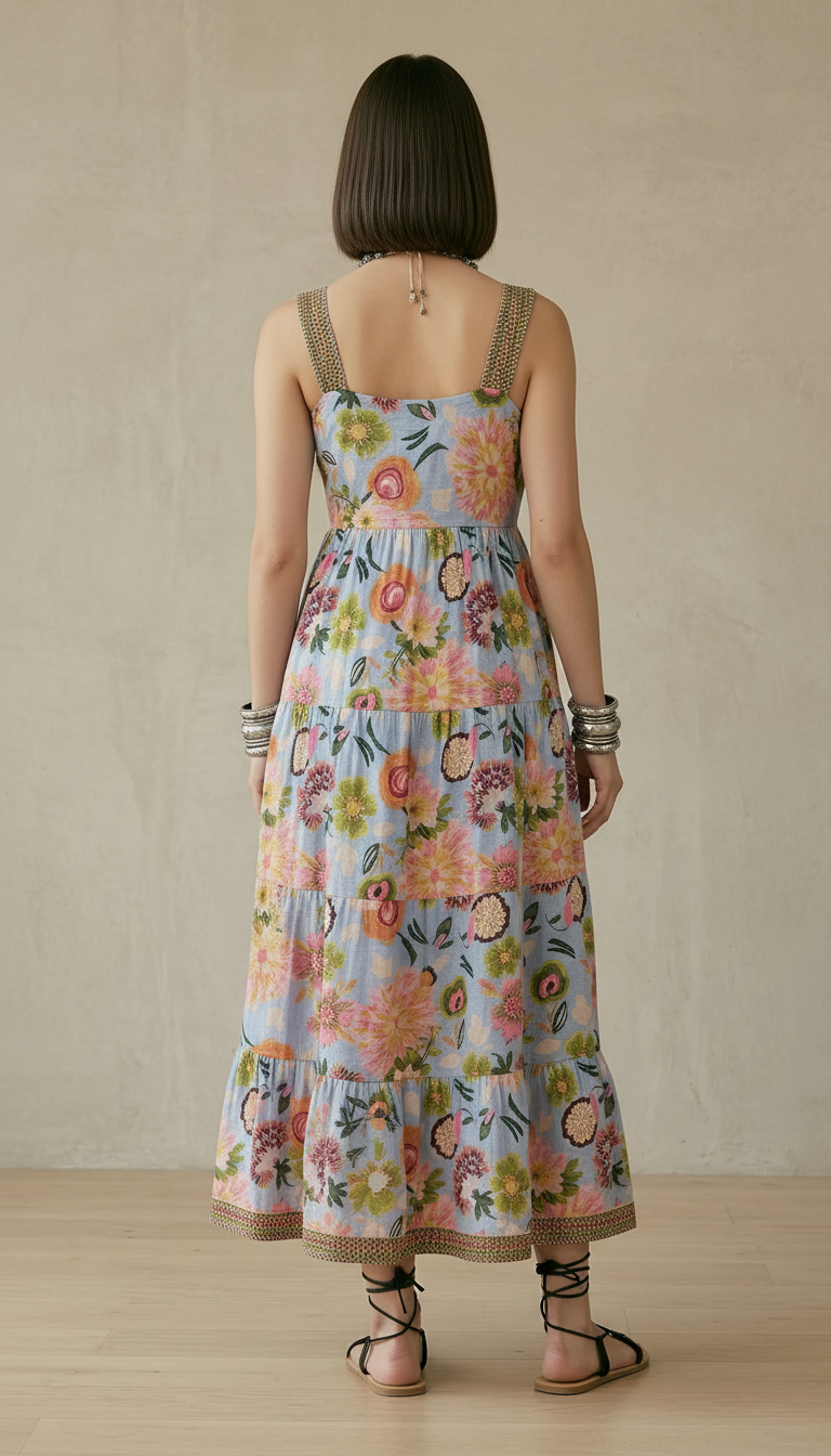 Pastel Blue Floral Tiered Maxi Dress with Embroidered Straps | Daylist.in