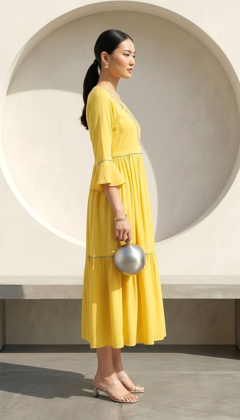 Daylist Yellow Embroidered Tiered Midi Dress – Elegant Festive & Summer Wear