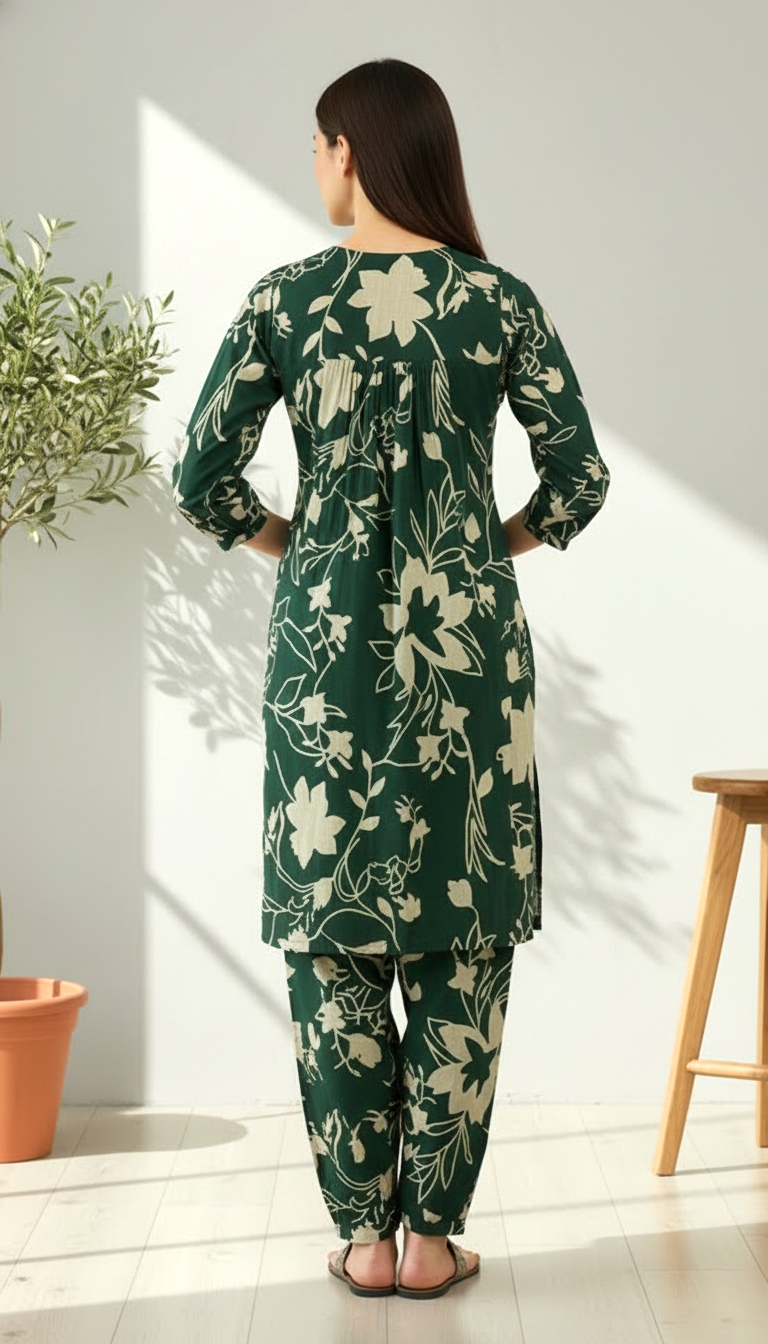Emerald Green Floral Printed Kurta Set for Women