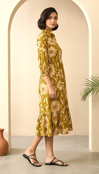Women Olive Floral Printed Shirt Collar Midi Dress with Gathered Waist | Daylist