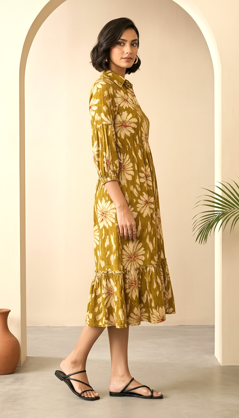 Women Olive Floral Printed Shirt Collar Midi Dress with Gathered Waist | Daylist