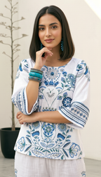 White Blue Embroidered Co-Ord Set for Women | Cotton Bell Sleeve Outfit | Daylist India