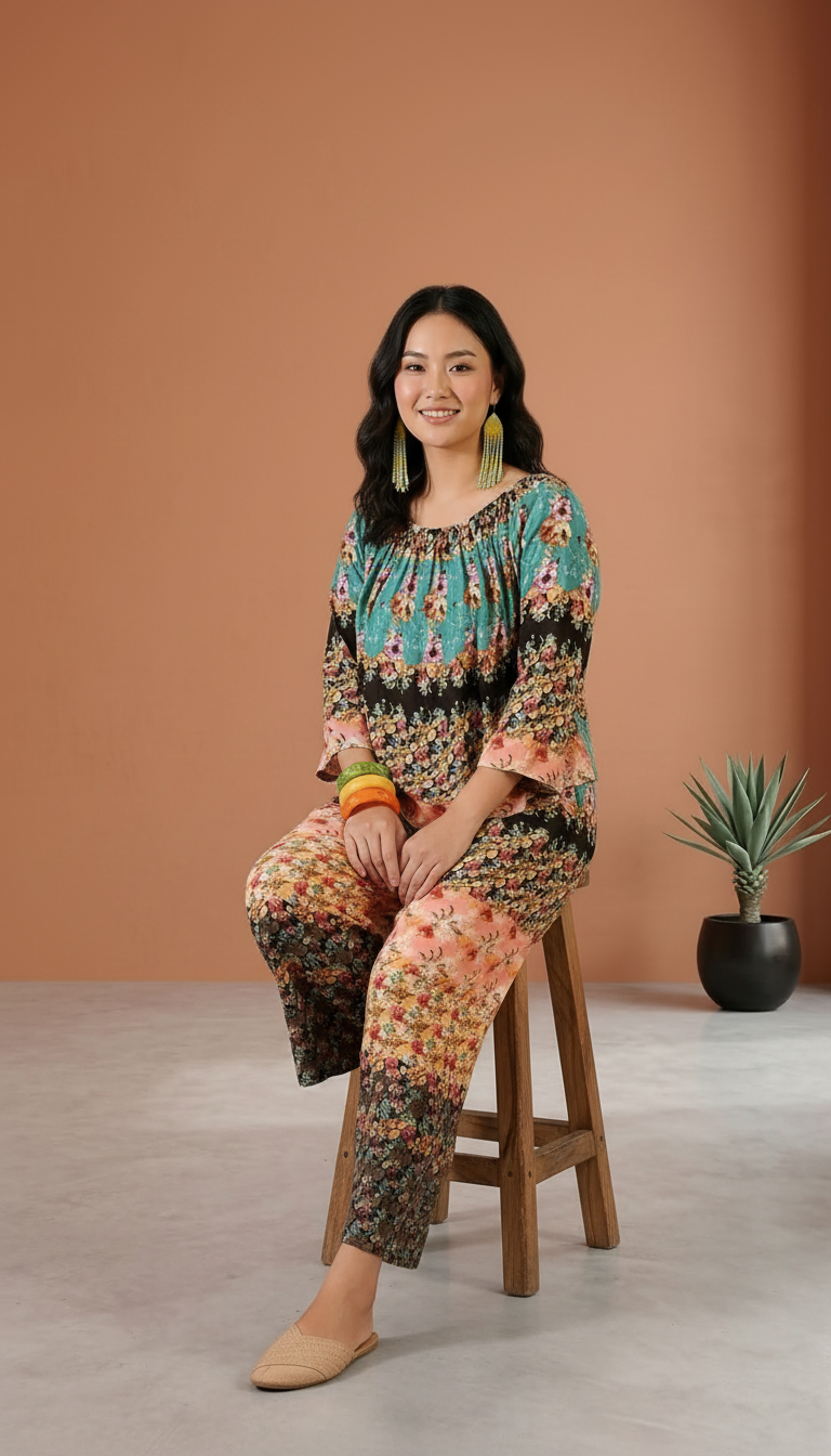 Daylist Botanical Horizon Co-ord Set – Relaxed Off-Shoulder Blouse & Wide-Leg Trouser Ensemble