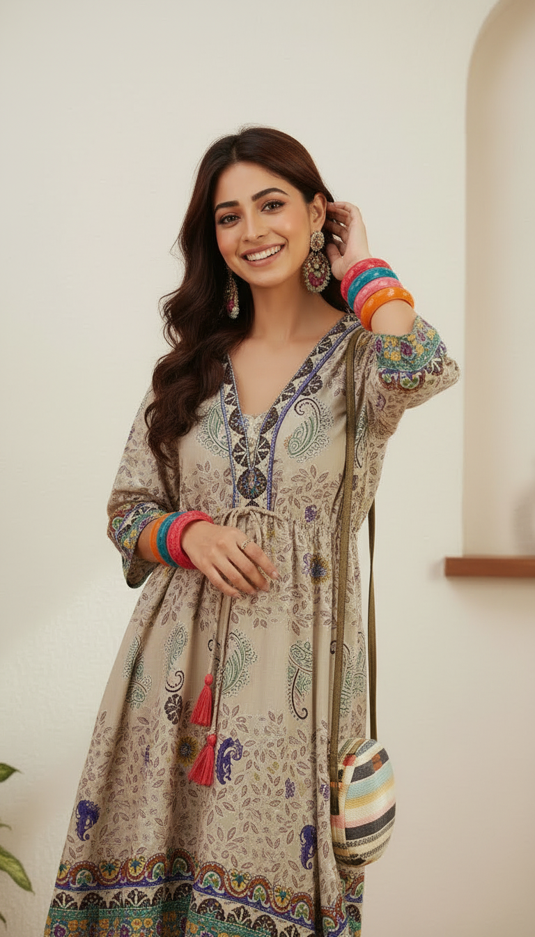 Daylist Earthy Boho-Chic Tiered Mini Dress – Floral & Paisley Print with Tassel Detailing