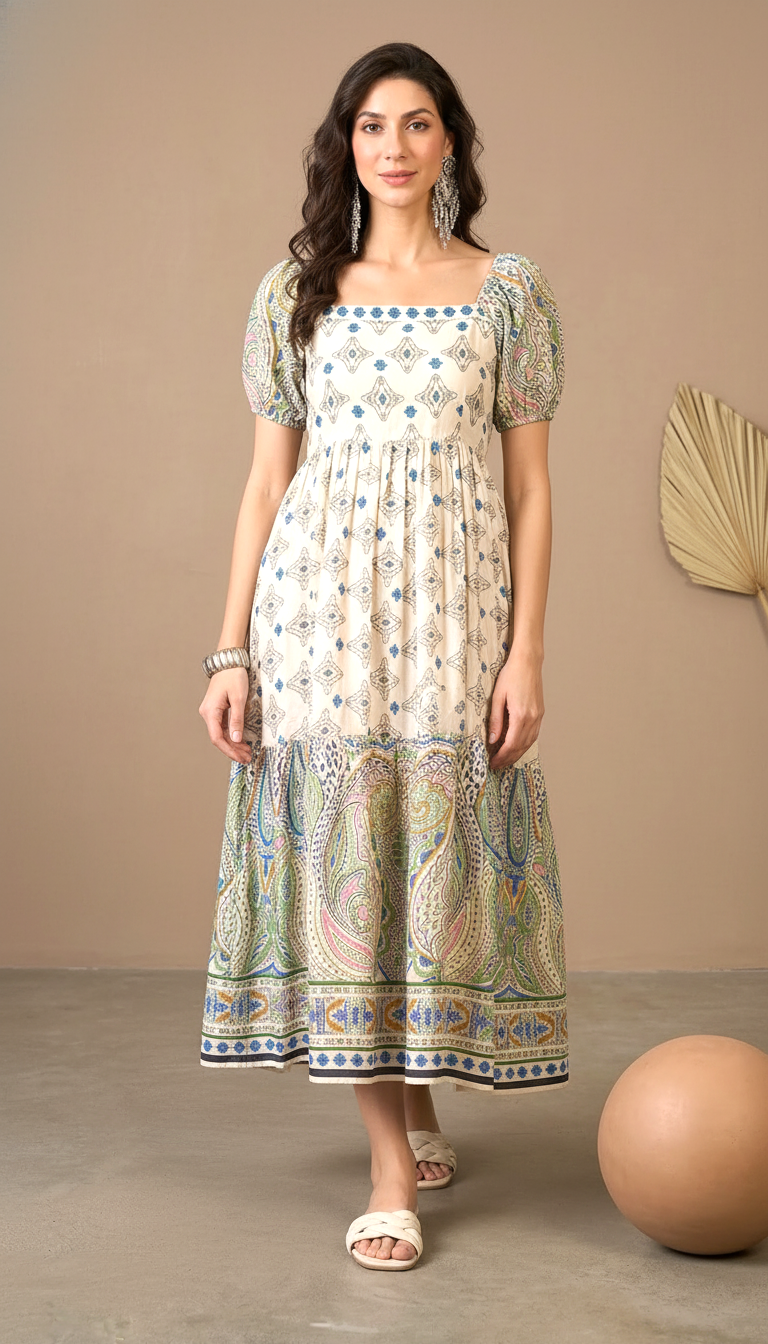 Ivory Printed A-Line Midi Dress with Paisley Border & Puff Sleeves for Women