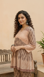 Daylist Earthy Geometric Print Peplum Kurti & Straight Pant Co-ord Set – 2-Piece Ethnic Fusion Outfit