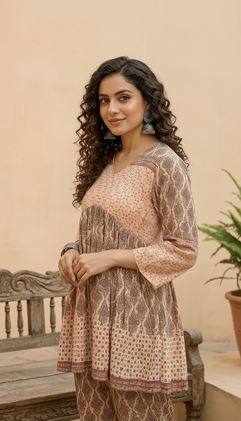 Daylist Earthy Geometric Print Peplum Kurti & Straight Pant Co-ord Set – 2-Piece Ethnic Fusion Outfit