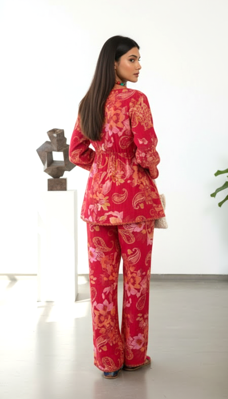 Crimson Bloom Paisley Angrakha Co-ord Set