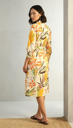 Botanical Print Cotton-Linen Shirt Dress | Belted Midi | Daylist.in