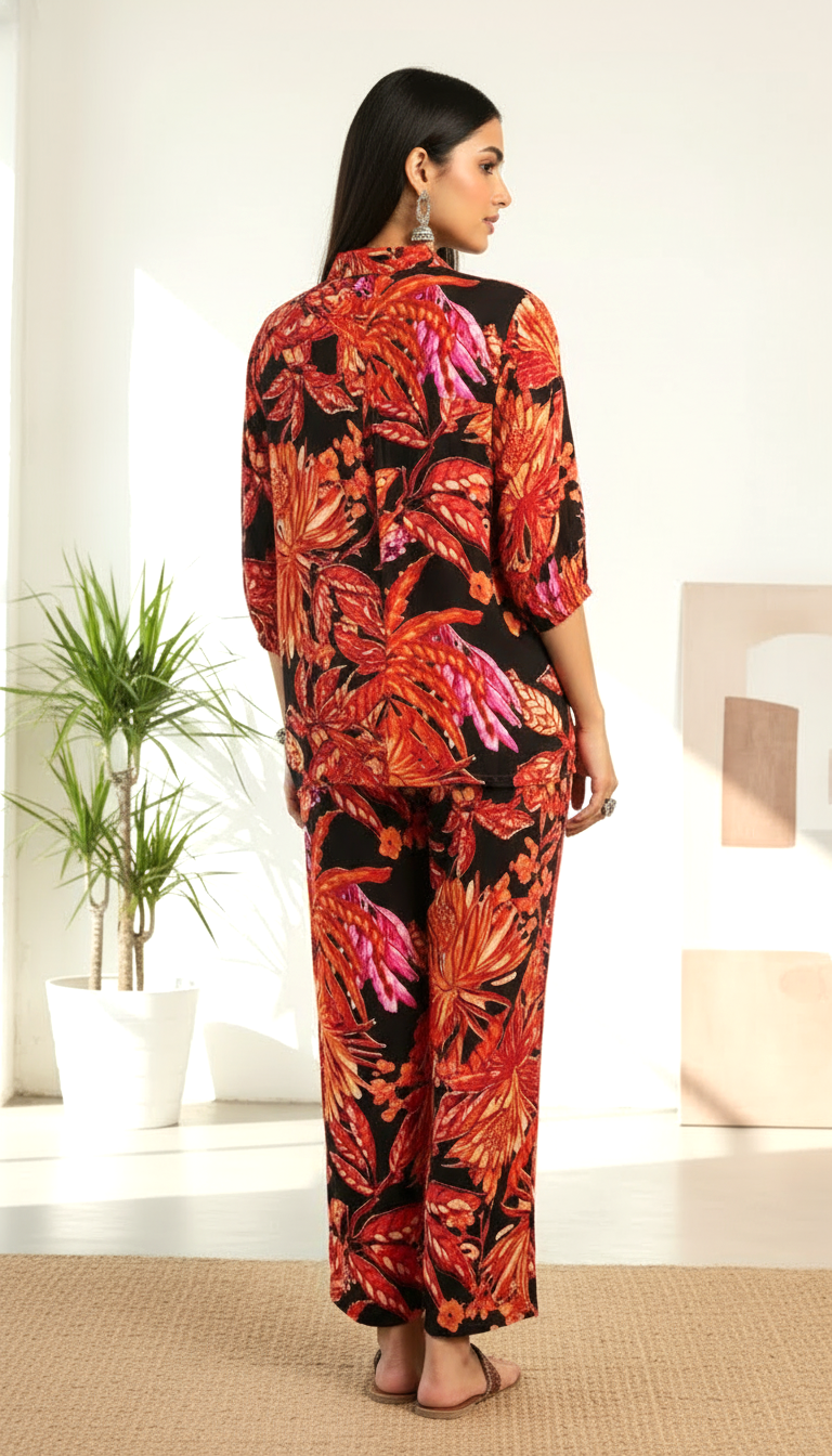 Amber Flare Floral Button-Down Co-ord Set