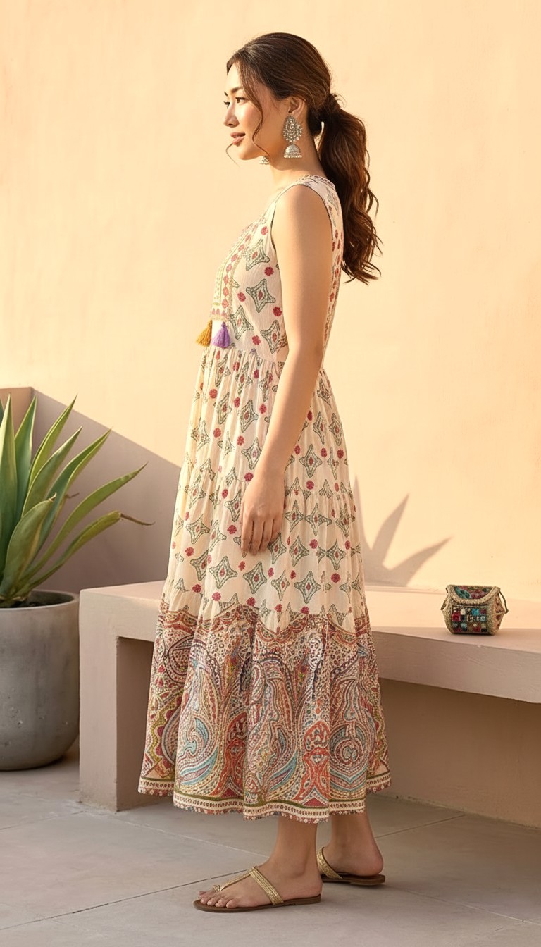 Sun-Drenched Paisley Sleeveless Tiered Midi Dress | Daylist.in