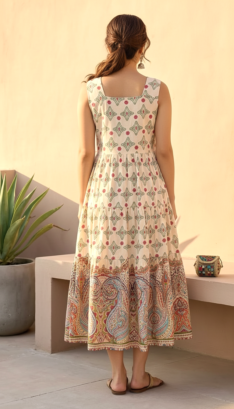 Sun-Drenched Paisley Sleeveless Tiered Midi Dress | Daylist.in