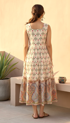 Sun-Drenched Paisley Sleeveless Tiered Midi Dress | Daylist.in