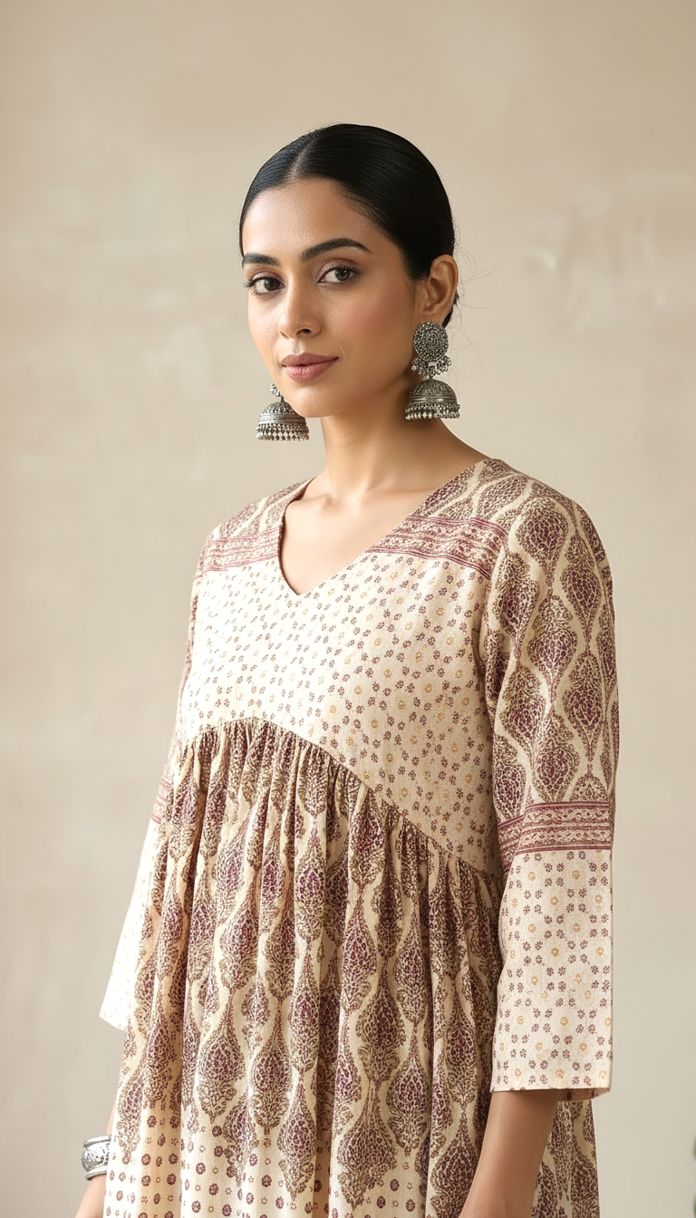 Daylist Earthy Geometric Print Peplum Kurti & Straight Pant Co-ord Set – 2-Piece Ethnic Fusion Outfit