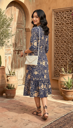 Navy Blue Floral Printed Midi Dress for Women | High Neck Ethnic Dress | Daylist