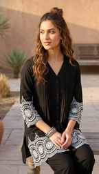 Daylist Midnight Noir Embroidered Co-ord Set – Black Pin-tuck Tunic with Scalloped Borders