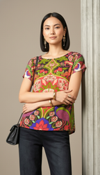 Vibrant Peacock & Floral Art-Print Silk-Blend Top