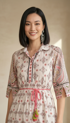 Women Beige Ethnic Printed A-Line Midi Dress with Tassel Tie-Up | Daylist