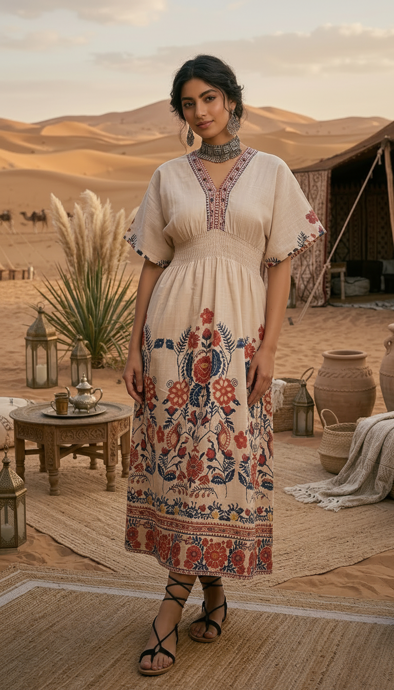 Beige Floral Boho Maxi Dress for Women | Ethnic Printed Summer Dress | Daylist