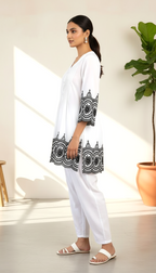 Daylist Monochrome Majesty Co-ord Set – White Pleated Tunic with Black Scalloped Embroidery