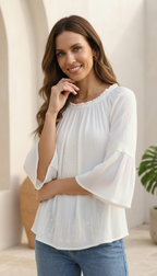 Daylist Ivory Embroidered Bell Sleeve Tunic Top