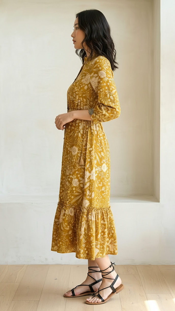 Mustard Yellow Floral Printed Tiered Midi Dress | Daylist.in