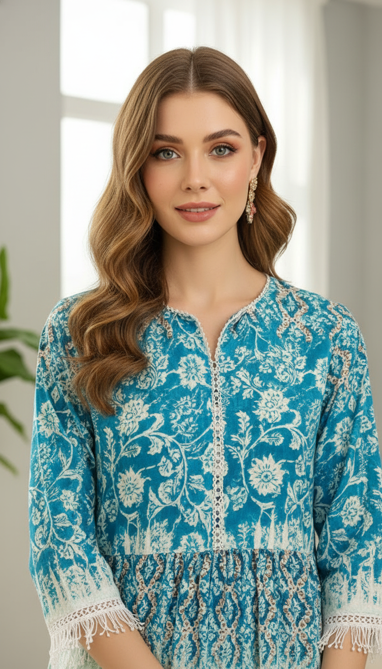 Teal Blue Printed Kurta Pant Set with Lace Detailing for Women