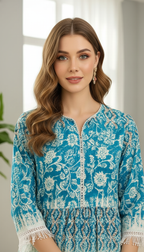 Teal Blue Printed Kurta Pant Set with Lace Detailing for Women