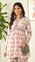Daylist Mauve Muse Peplum Co-ord Set – Geometric Print Tunic with Paisley Motif Trousers