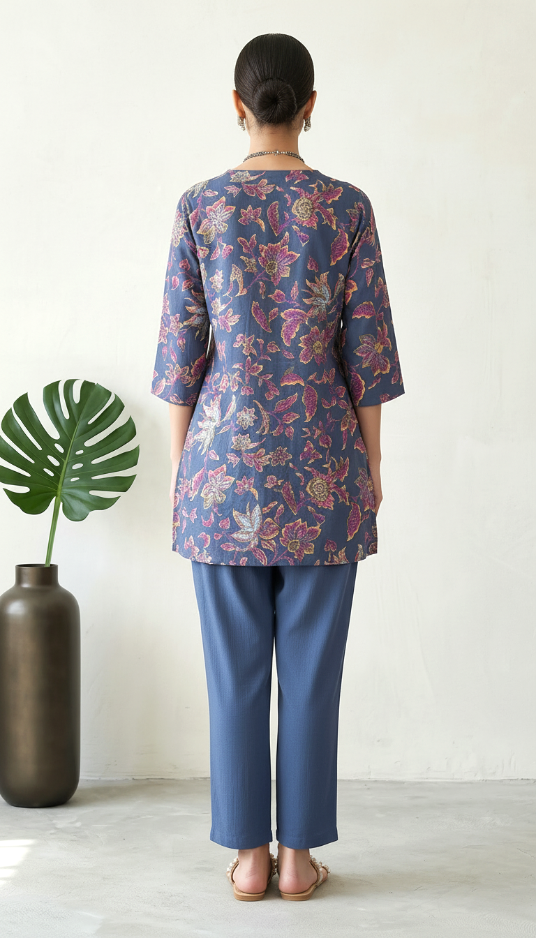 Indigo Blue Floral Kurta Set for Women | Office Wear | Daylist