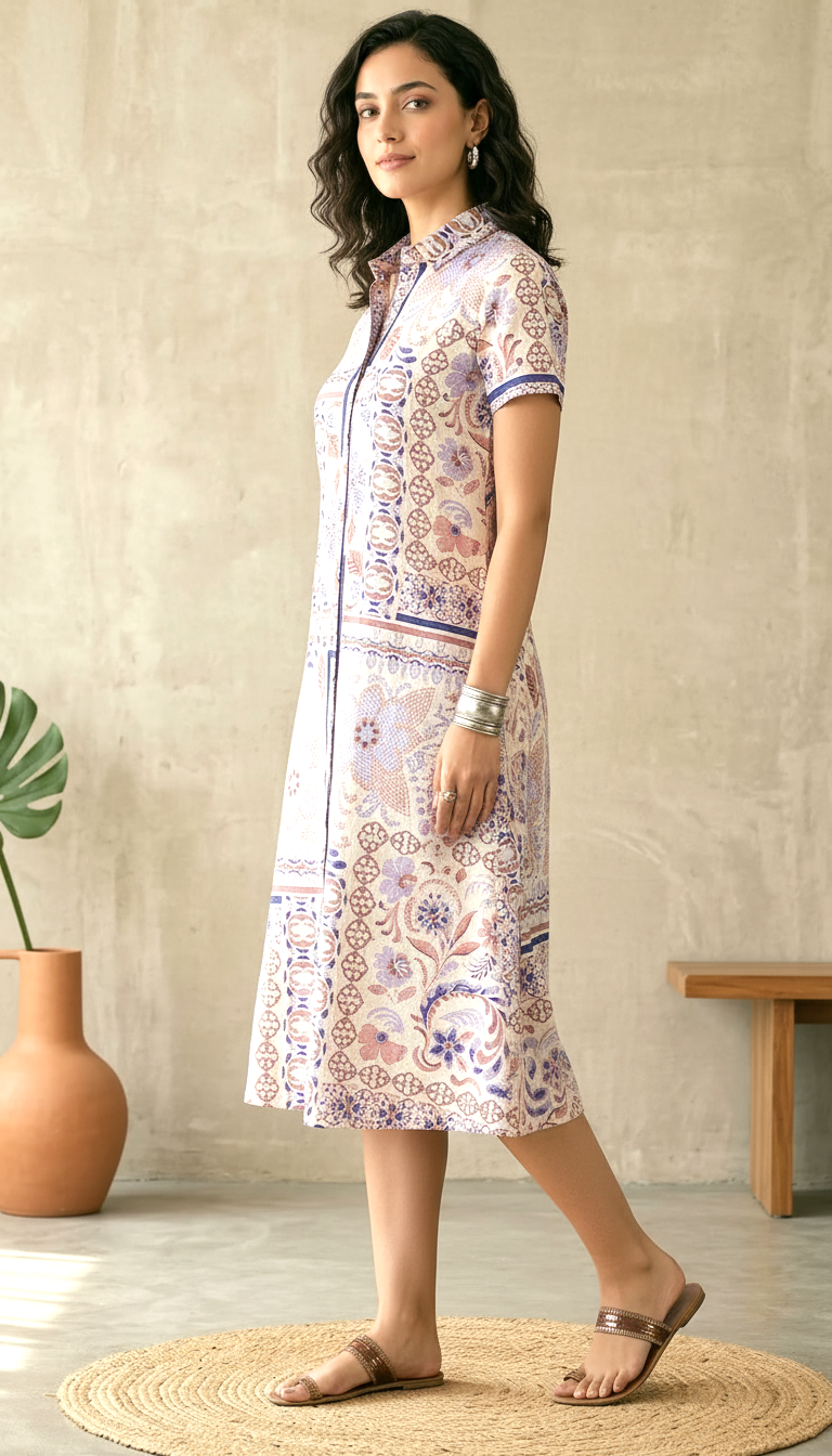 Beige Ethnic Printed Midi Dress for Women | Daylist