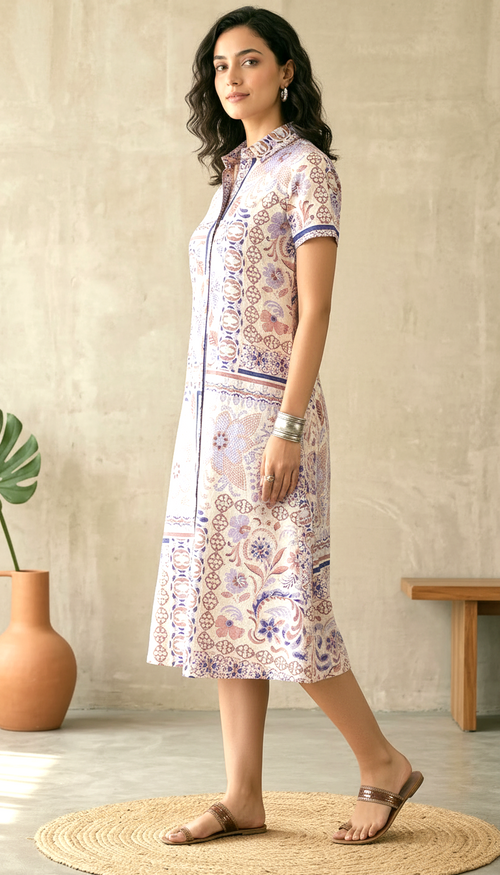Beige Ethnic Printed Midi Dress for Women | Daylist