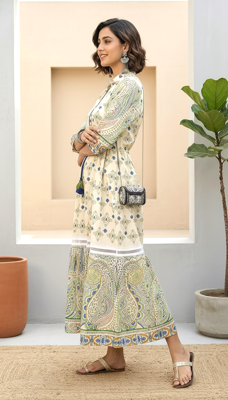 Ivory & Sage Green Paisley Printed Tiered Maxi Dress | Daylist.in