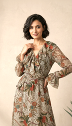 Beige Floral Print Maxi Dress for Women | Ruffle Detail Dress | Daylist India