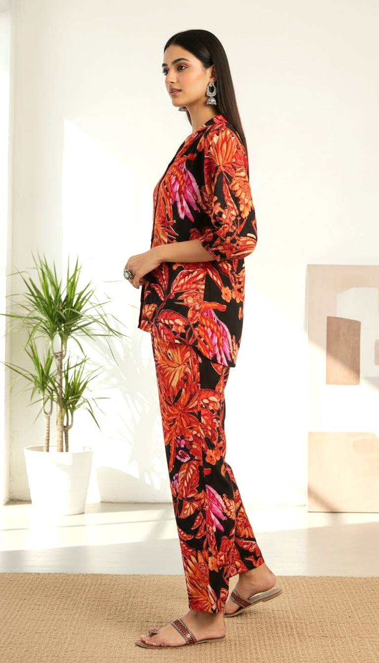 Amber Flare Floral Button-Down Co-ord Set