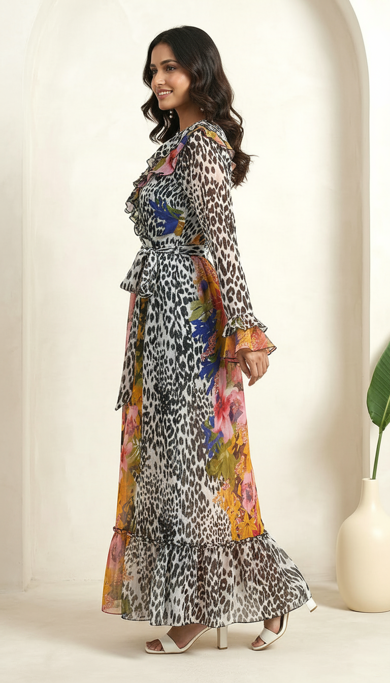 Floral & Animal Print Maxi Dress with Ruffle Neck | Daylist Women