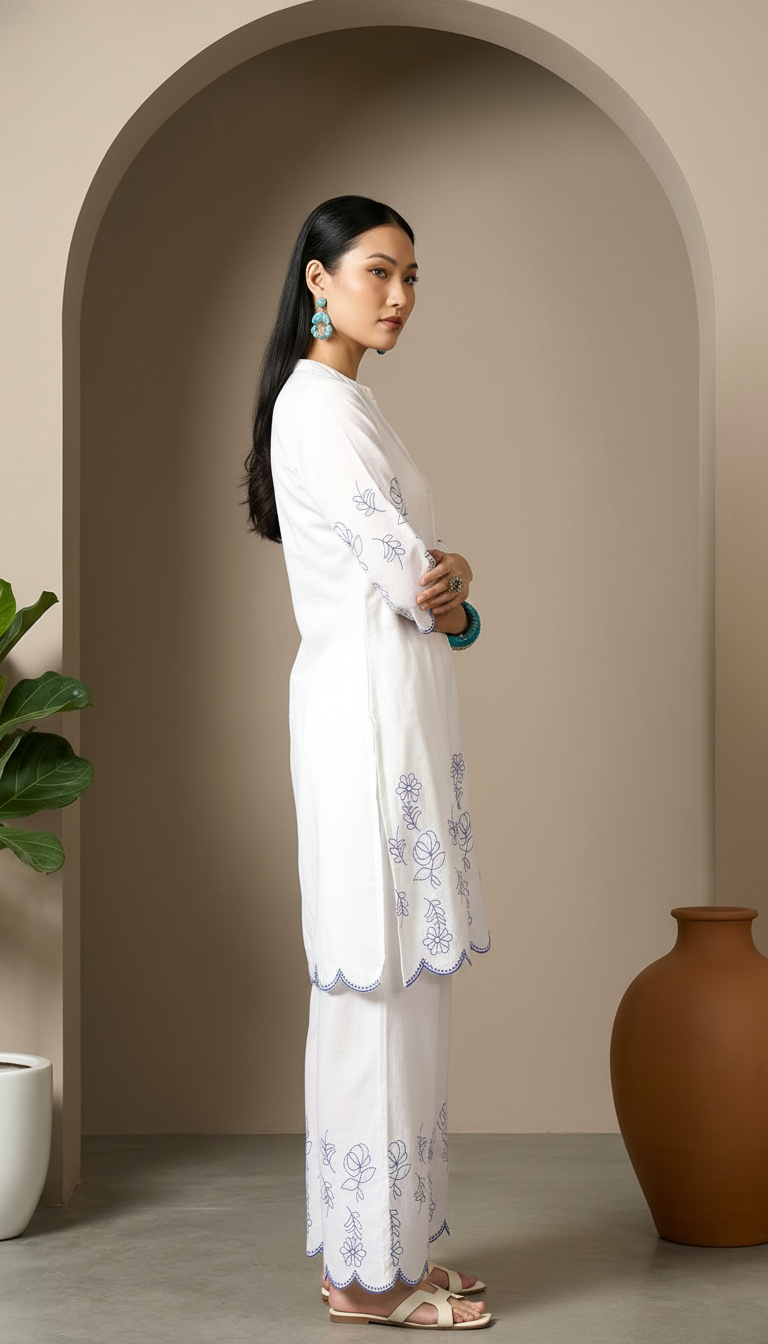 Daylist Azure Breeze Embroidered Co-ord Set – Scalloped White Tunic with Wide-Leg Trousers