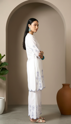 Daylist Azure Breeze Embroidered Co-ord Set – Scalloped White Tunic with Wide-Leg Trousers