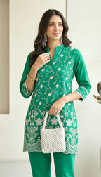 Emerald Green Embroidered Co-ord Set | Schiffli Tunic & Trousers | Daylist.in