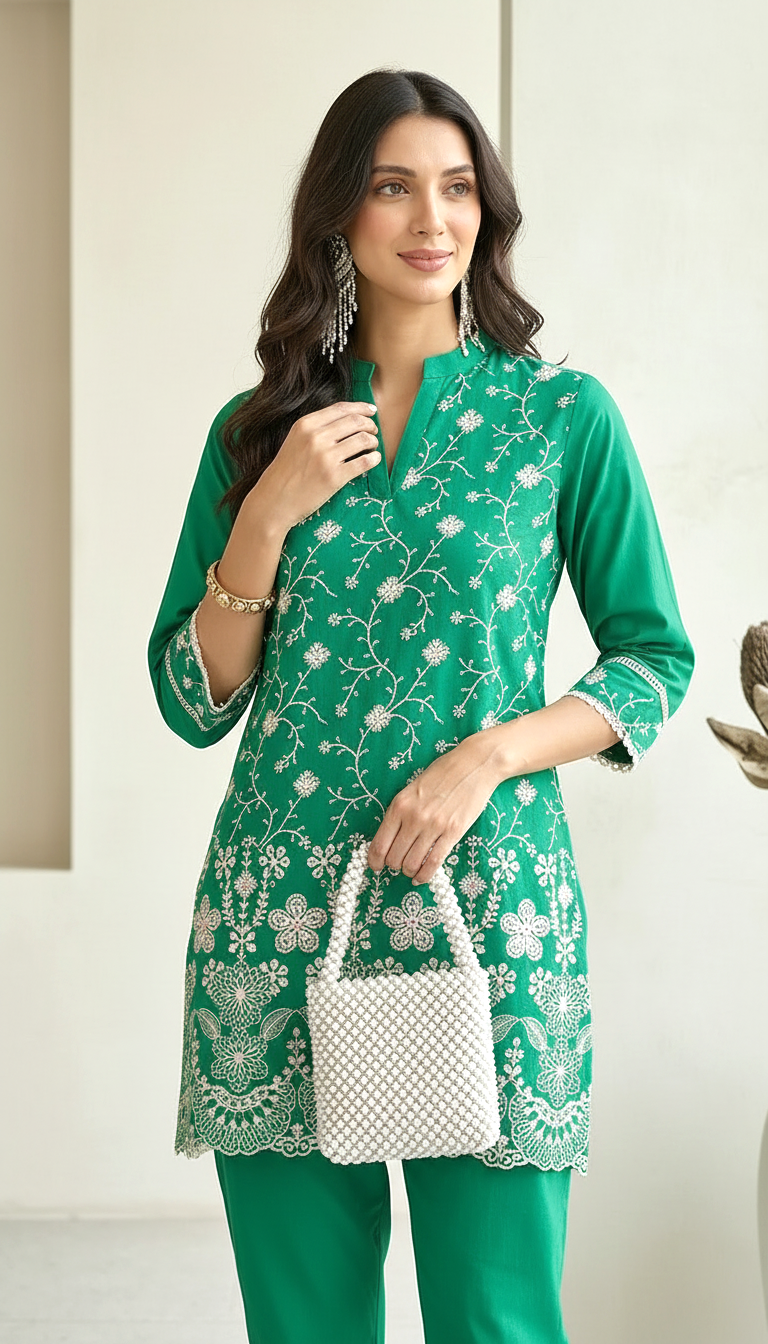 Emerald Green Embroidered Co-ord Set | Schiffli Tunic & Trousers | Daylist.in