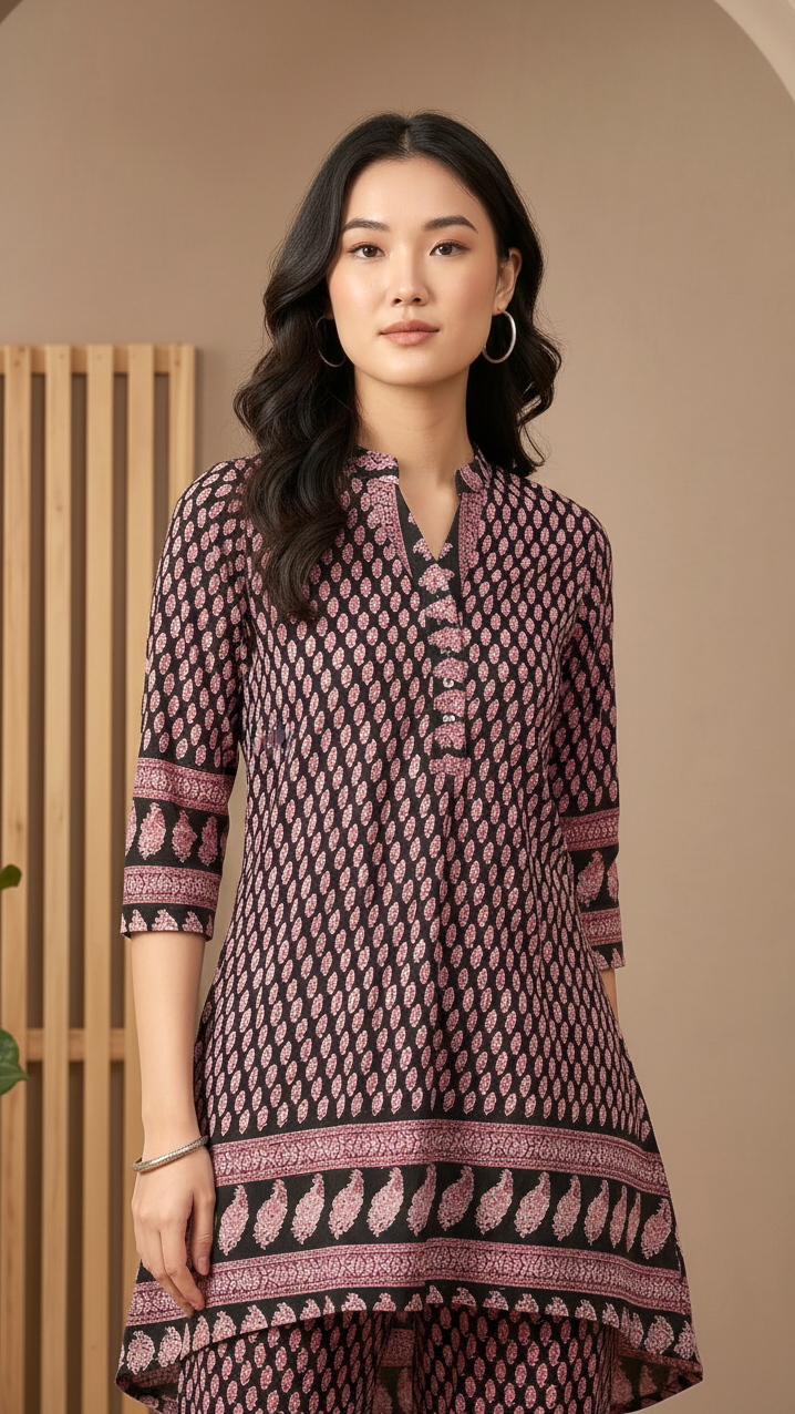 Daylist Printed Kurta & Pant Co-ord Set – Black & Rose Pink Ethnic Ensemble