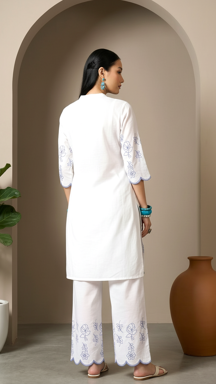 Daylist Azure Breeze Embroidered Co-ord Set – Scalloped White Tunic with Wide-Leg Trousers