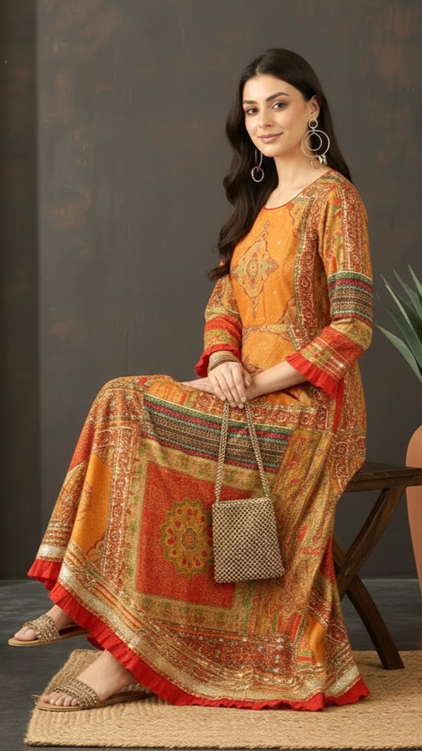 Daylist Mustard Orange Printed Anarkali Maxi Dress with Ethnic Patchwork Design