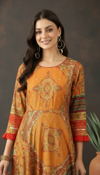 Daylist Mustard Orange Printed Anarkali Maxi Dress with Ethnic Patchwork Design