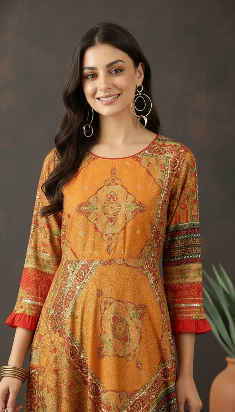 Daylist Mustard Orange Printed Anarkali Maxi Dress with Ethnic Patchwork Design