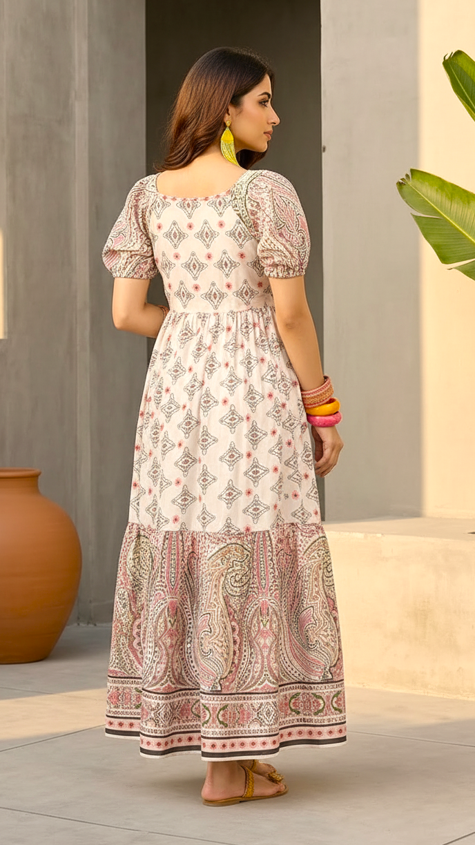 Beige Printed A-Line Maxi Dress with Paisley Border for Women