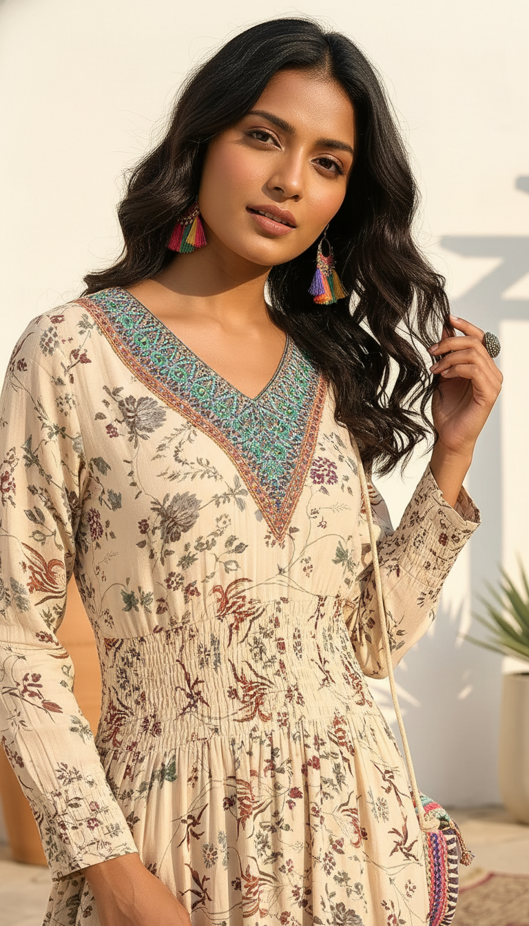 Beige Floral Printed Mini Dress with Smocked Waist & Embroidered V-Neck