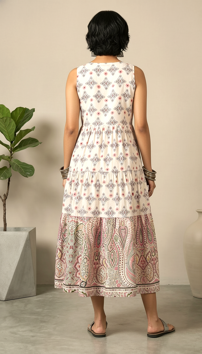 Ivory Paisley Sleeveless Tiered Midi Dress with Tassels | Daylist.in