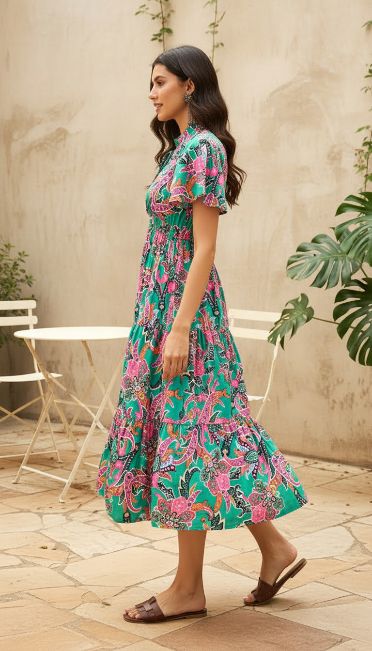 Emerald Paisley Tiered Midi Dress | Summer Resort Wear | Daylist.in